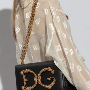 Dolce & Gabbana Black Leather Shoulder Bag with Gold DG Emblem